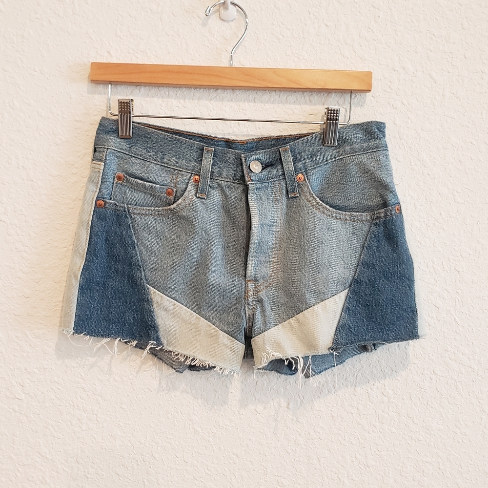 Levi's 501 Patchwork Denim Cutoff Shorts Blue Color Block Vintage Contrast S
